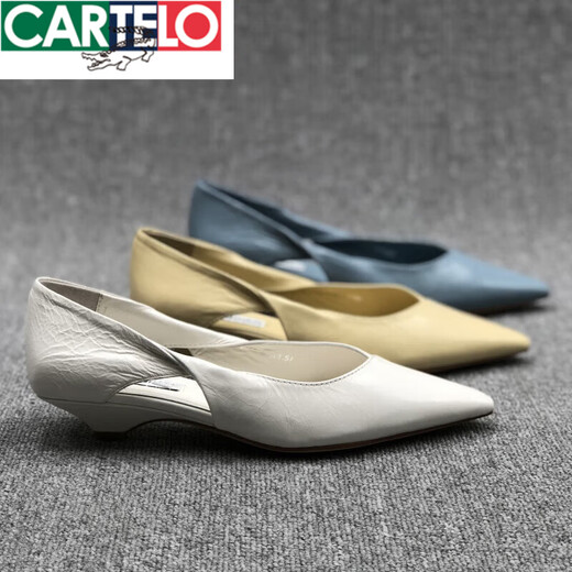 卡帝乐鳄鱼（CARTELO）欧洲站女鞋2025春季新款欧货真皮细跟浅口尖头镂空猫跟休闲单鞋女 白色 36