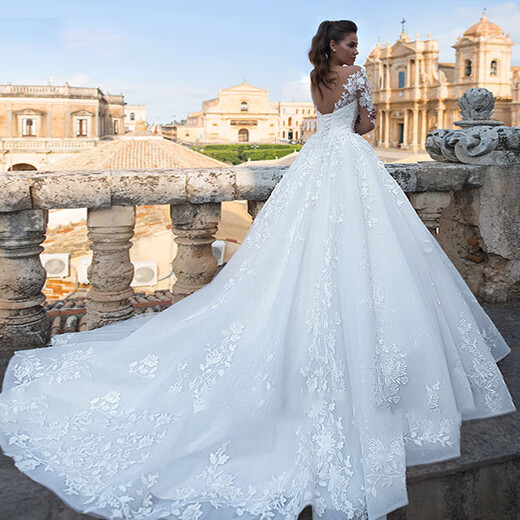 Braut Hochzeitskleid V-Ausschnitt 2025 Neue Rippen Großer Schwänze Hochzeitskleid Retro Sexy Tulle Langarm Hochzeitskleid Weiß Full Style S S