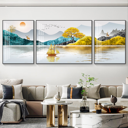 
Yonghuan Fulu Light Luxury Living Room Decoration Painting Simple Modern Sofa Background Wall Hanging Painting Atmospheric Mural Landscape Painting Wall HJ3893 Smooth sailing Suitable for both sides of the sofa below two meters + 70x50 in the middle 35mm thick aluminum alloy frame + tempered high-gloss Korean crystal Light luxury golden frame