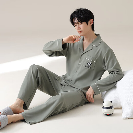 
100% pure cotton men's pajamas spring and autumn lapel long sleeve trousers cotton suit for middle-aged and young people loose to go out T16803 men's style [long sleeve + trousers] XL [120-140Jin[Jin equals 0.5 kg]]