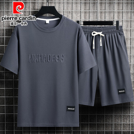 皮尔卡丹（pierre cardin）夏季男士运动套装短袖T恤上衣宽松大码短袖短袖休闲套装帅气搭配 套装829咖色 M 建议穿90-110斤