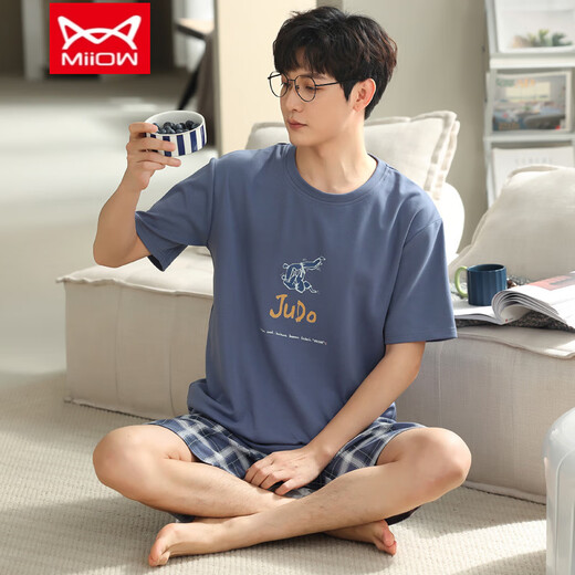 
Catman (MiiOW) pure cotton pajamas men's summer short-sleeved shorts for young students thin summer large-size pure cotton home clothing set D1996 (A679) L (110-130Jin [Jin equals 0.5 kg])
