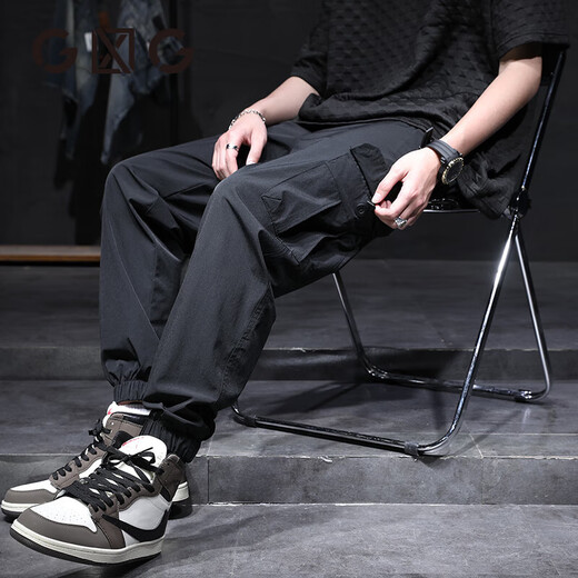 GLXLG casual pants for men summer ice silk work pants for men thin harem pants for men large size multi-pocket casual sports black M suitable for 110-130Jin [Jin equals 0.5 kg]