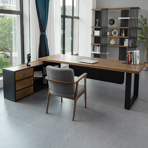 Sleep haha solid wood boss desk workbench with side cabinet office Chinese style log leader manager computer desk executive desk