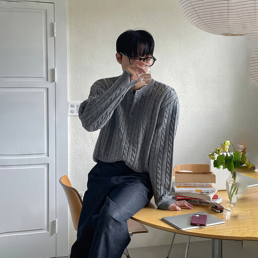 I am David Heavy Industry Knitting Twist Henry Neck Sweater Men's Spring and Autumn New Korean Style Lazy High-Level Loose Pullover Sweater Gray M