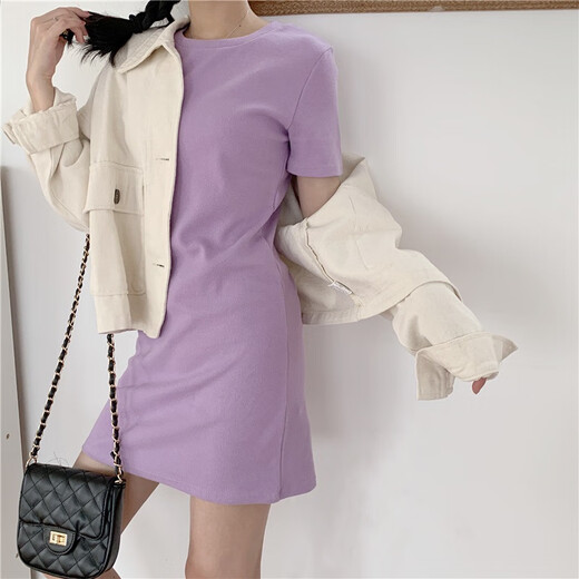 AFTER MONDAY2025 summer Korean style slim solid color short-sleeved T-shirt women's mid-length dress women's clothing 6624* pink M