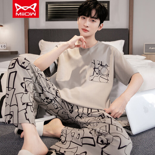 Catman Miiow Cotton Pyon Pajamas Men's Men's Summer Classed Colted Coton Cotton Coton Coton de grande taille de Vêtements de maison YS9201 XL Convient pour 120-140jin [Jin est égal à 0,5 kg]