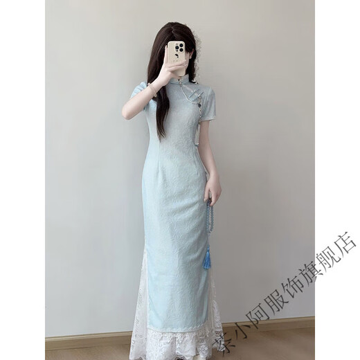 Chaxiao'a temperament cheongsam 2025 new blue slim-fitting national style dress women's new Chinese style improved daily dress Yuebai Fengqing cheongsam S recommended 85-95Jin Jin equals 0.5 kg
