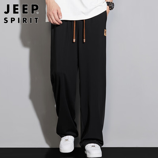 JEEP SPIRIT Jeep Straight Casual Pants Men's Summer Thin Loose Ice Silk Wide Legs Sports Trousers Black 3XL