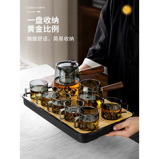 MZXM Japan imported quality glass tea set set for making tea, household tea tray, large capacity living room tea cup, office tea cup, transparent 600ml mountain view pot set, 8 pieces, complete set