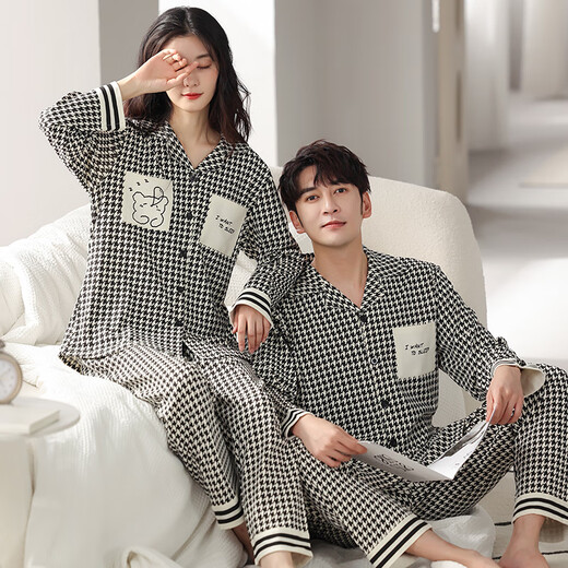 LangSha (LangSha) couple pajamas for women in spring and autumn pure cotton long-sleeved cardigan fashionable checkered home clothes for men can wear casual suits for men 579+women 679 Male XL [175-180CM/140-160Jin [Jin equals 0.5 kg]]