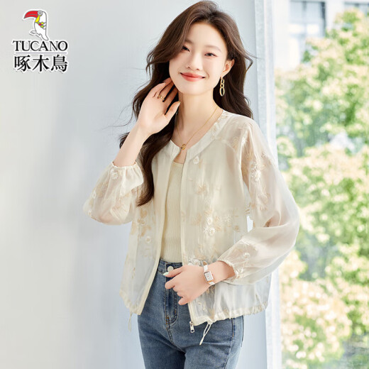 啄木鸟2025夏季新款防晒衣女款外套短款国风薄款防晒衫上衣洋气刺绣冰丝 米杏色 M