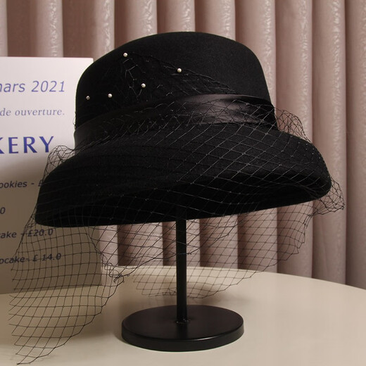 Hanqing Zhongxia Hepburn style elegant mesh wool fisherman hat women's autumn and winter French retro fashion basin hat temperament lady hat black 5 small pearl mesh wool lampshade basin hat m (56-58cm) adjustable