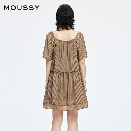 Moussy 2025 summer new product sweet waist-covering one-shoulder strap striped dress 028ISA33-4051 065 pattern brown S
