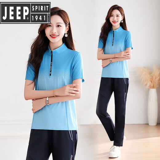 Jeep Spirit Outdoor Sportswear-Anzug für Frauen Sommer Joggen 2025 Neues lässiges Eis Seiden Schnelltrocknen Morgen Jogging-Anzug Zwei-teiliger Blue-Prince Blue Hosen L (95-110 Gewicht)