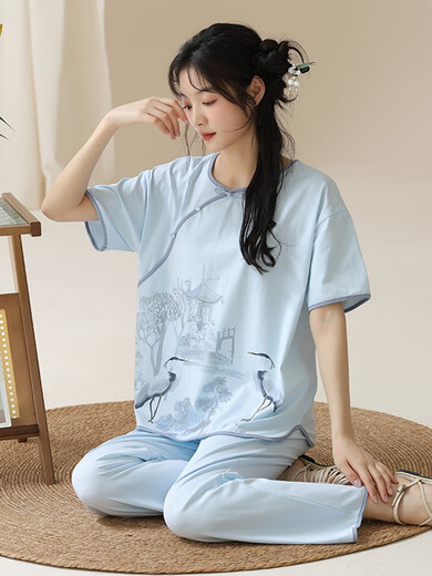 True high-end light luxury pajamas for women, can wear summer ladies short-sleeved Chinese style pajamas suit cotton new Chinese style trousers home Y9905 M code (recommended 75-95Jin [Jin equals 0.5 kg]) equal size