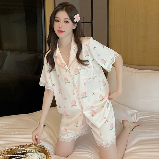 Victoria's style ice silk pajamas for women 2025 new summer thin lace peach short-sleeved trousers sweet home clothes three-piece set AL-YFY9905# peach [short-sleeved + trousers] M [recommended 80-100Jin [Jin equals 0.5 kg]]