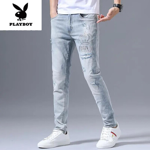 
Playboy (PLAYBOY) summer stretch jeans men's ripped embroidery trendy slim-fitting small feet light color versatile long pants new product light blue 3890 crown ripped pants 31 [Suggested 125-135Jin [Jin equals 0.5 kg]]