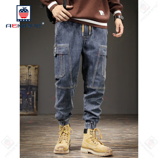 AEMAPE jeans men's spring and summer elastic elastic waist American retro loose tie feet workwear trendy brand casual trendy harem pants blue and gray S suitable for 100-115Jin [Jin equals 0.5 kg]