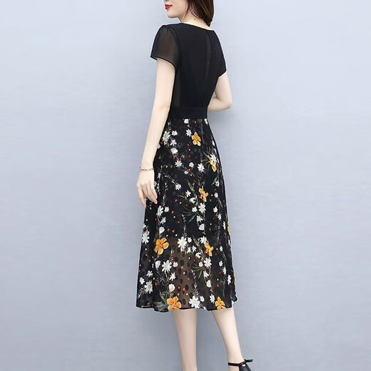 
XAE luxury high-end brand short-sleeved dress for women 2025 summer new style small and fashionable slim chiffon floral skirt pink L