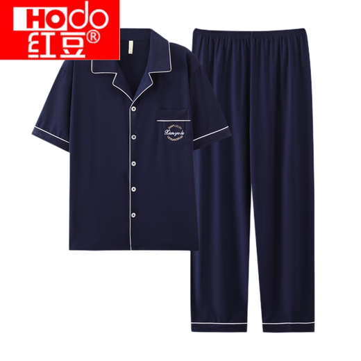 红豆（Hodo）官网方舰店旗官网夏季男士睡衣纯棉薄款短袖青少年夏天加大码休闲 g3881蓝色-短袖长裤 L  建议100-120斤