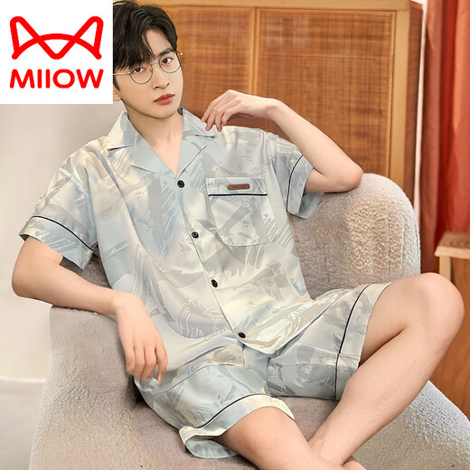 猫人（MiiOW）夏季睡衣男士冰丝短袖夏天薄款凉感仿真丝绸青少年男生家居服套装 冰丝G723 L 建议身高170左右，体重100-130