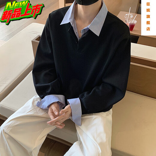 Chenpin fake two-piece sweatshirt lapel long-sleeved shirt men's autumn versatile inner layering henley bottoming shirt casual jacket gray XL