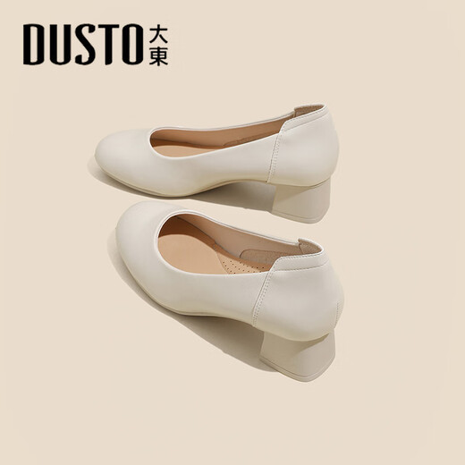 大东（DUSTO）单鞋女鞋2024春秋新款时尚圆头浅口优雅套脚中跟小皮鞋1049 黑色 35