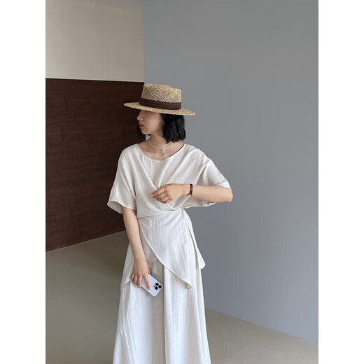 Commander Xiong Jiang Zuo Yunwu Light Smoke, irregular temperament, lace-up linen shirt + high-waisted skirt, two-piece set for women 6227 beige M