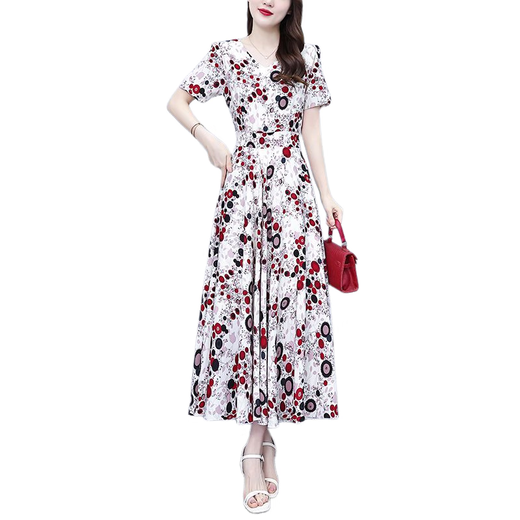 DRYWORLD2025 new summer chiffon floral dress with large size fat mm waist slimming and long skirt covering belly color [Apricot bottom red flower 9737 fashionable and versatile] 4XL