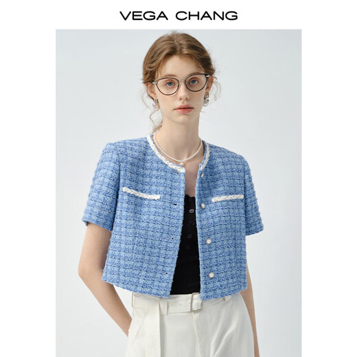 Vega Changvegachang Frauen Kurzjacke 2025 Neue Frühlings- und Sommer Retro Eleganer Stil gewebter kleiner Geschmack Kurzarmjacke Sky Blue_Second Batch s