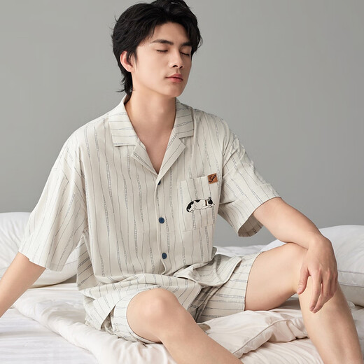 雅鹿睡衣男夏季凉感棉短袖卡通可外穿男士薄款夏天大码家居服 1391杏色 L