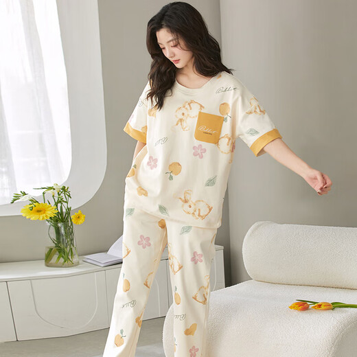 睡衣带胸垫夏季女款圆领短袖长裤家居服套装两件套 女士黄色套装 1343-20 L 女（建议105-120斤）