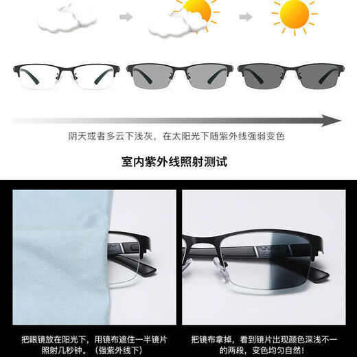 韩版变色近视眼镜男款高档半框金属可配有度数眼睛防蓝光平光潮 黑色框变色灰片 防蓝光平光镜+镜盒镜布【0度】