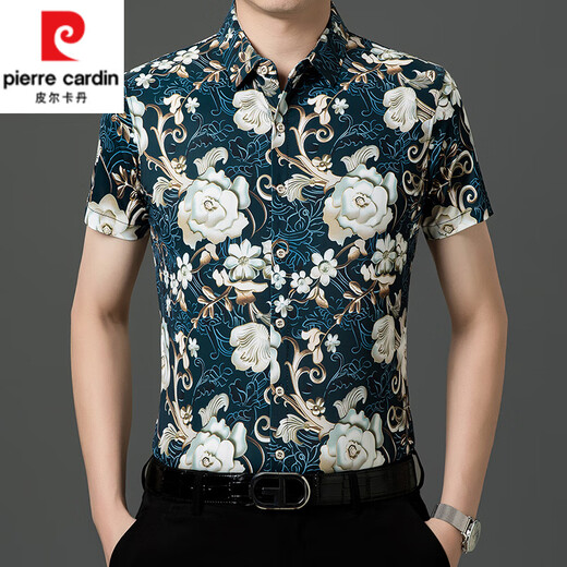 
Pierre cardin high-end ice silk short-sleeved floral shirt men's new 2025 unsilent elastic top middle-aged casual shirt Gold 9898 XL 135-150