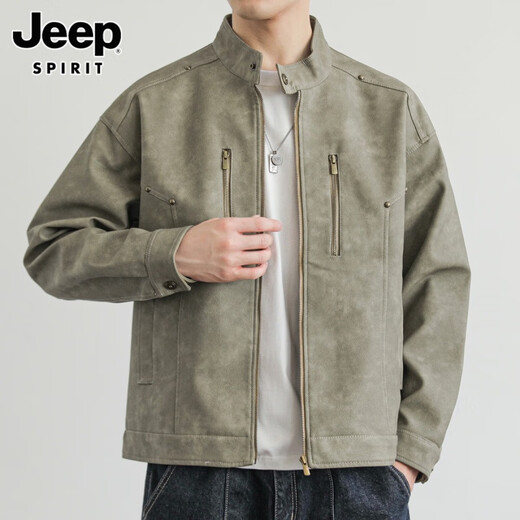 JEEP Men's Leather Jacket Autumn Retro Stand Collar Aviator Leather Jacket Casual Handsome Motorcycle Jacket Men's Versatile Trend 193 Bean Green XL