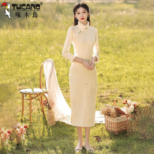 Woodpecker Winter Cheongsam 2025 New Velvet Thickened Winter Tea Clothes New Chinese Tea Artist Clothes Long Dress Women Off-White Velvet Thickened L