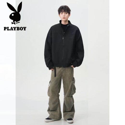 花花公子（PLAYBOY）美式cleanfit教练夹克男2025春秋轻量户外防泼水工装百搭立领外套 H1049-黑色 夹克 L 建议120-135斤
