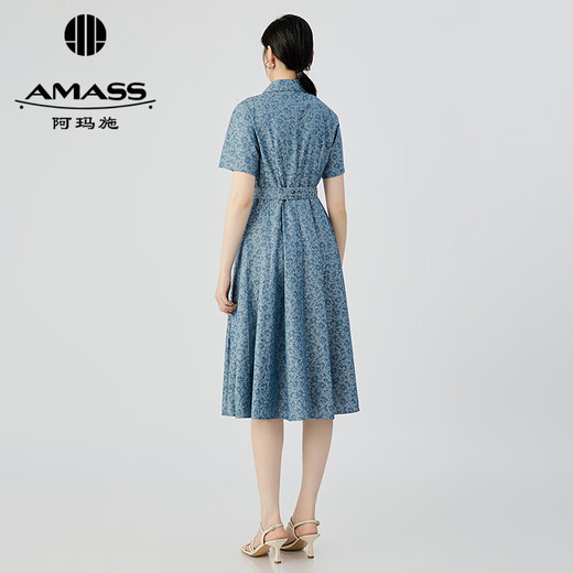 阿玛施（AMASS）女装2025夏季新款时尚青花瓷短袖连衣裙（附腰带）550052 青花瓷 M (3)