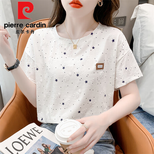 Pierre Cardin reines Baumwolldruck-T-Shirt für Frauen kurzärmeliger Sommer 2025 Neues lose Druckdesign VERSATILE T-Shirt Top Trend 1396 Weiß + 2503 Große Buchstaben M für 100-109jin [Jin entsprechen 0,5 kg]