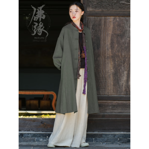 禅服修行女中式国风佛系禅意女装棉麻寺院拜佛素衣长袍居士服女款 【二件套】麻色外套+咖色裤子6189# 均码
