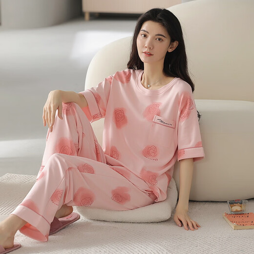 雅鹿新款睡衣女春夏季新疆棉短袖长裤薄款棉可爱学生家居服女套 XYZ9720 M