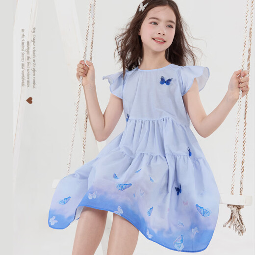 Disney Girls 'Kleid Sommer-Baumwoll-Kinderrock 2025 Neue mittlere bis große Kinder modische Prinzessin Rock Dünne Sommerkleid Dream Blau 150 cm