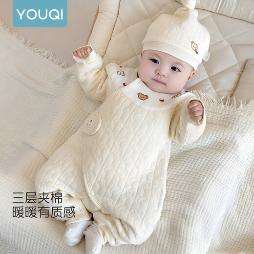 优奇婴儿衣服男女宝宝秋冬连体衣新生儿早秋三层夹棉保暖外出哈衣爬服