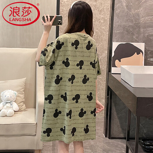 LangSha (LangSha) light luxury nightgown for women's summer pajamas cotton short-sleeved large size Jin [Jin equals 0.5 kg] Emerald green students' spring and autumn cool home clothes BF-1049-2-light gray One size (80-200 Jin [Jin equals 0.5 kg])