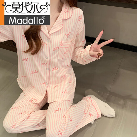 Modal Sweet Stripes Ins Korean Bow Print Sommer Neue Faltenpyjamas Frauen-Heimkleidung Kurzärmelte dreiteils Set KK3527# M [Vorgeschlagen 80-100jin [Jin ist 0,5 kg]]