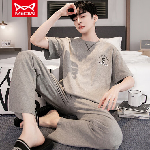 Catman Miiow Cotton Pyon Pajamas Men's Men's Summer Classed Colted Coton Cotton Coton Coton de grande taille de Vêtements de maison YS9201 XL Convient pour 120-140jin [Jin est égal à 0,5 kg]