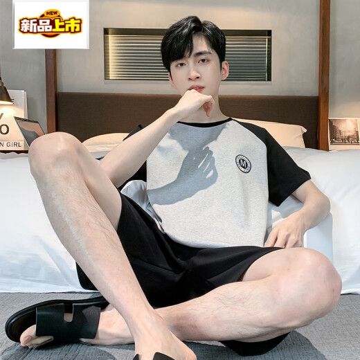 初径夏季棉男士短袖短裤睡衣夏天宽松薄款两件青少年卡通家居服 H9928（短袖短裤） L （建议100-120斤）
