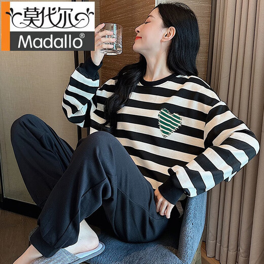 莫代尔睡衣女春秋款纯棉长袖网红风秋天2024年新款条纹家居服套装可外穿 9719女 M