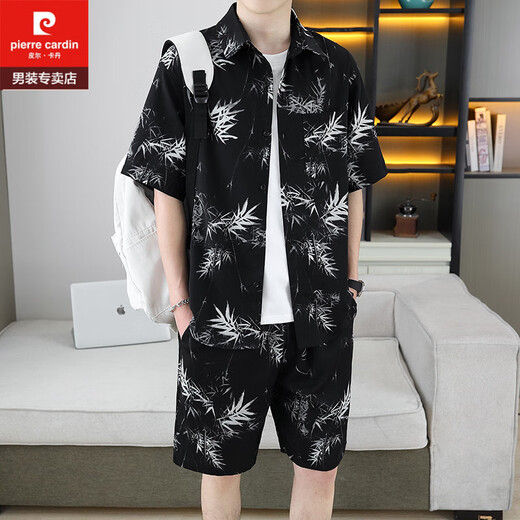 皮尔卡丹（pierre cardin）痞帅衬衣一套男夏季冰丝套装高级感花衬衫短袖短裤沙滩两件套搭配 679白色套装 L 110-125斤